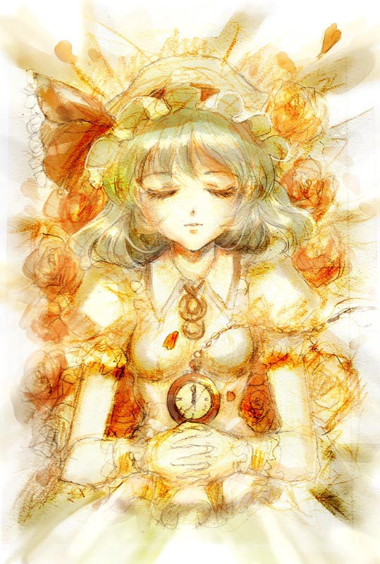 1girl bed_of_roses blue_hair closed_eyes cowboy_shot dress flower hands_clasped hat hat_ribbon keiko_(mitakarawa) mob_cap parted_lips pocket_watch puffy_short_sleeves puffy_sleeves remilia_scarlet ribbon rose short_hair short_sleeves simple_background sketch sleeping small_breasts solo touhou watch white_background wrist_cuffs