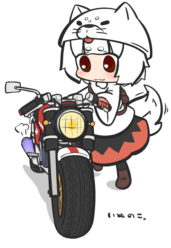 1girl :3 animal_ears helmet holding inubashiri_momiji inunoko. motor_vehicle motorcycle red_eyes short_hair simple_background smile solo tail touhou vehicle white_background white_hair wolf_ears wolf_tail