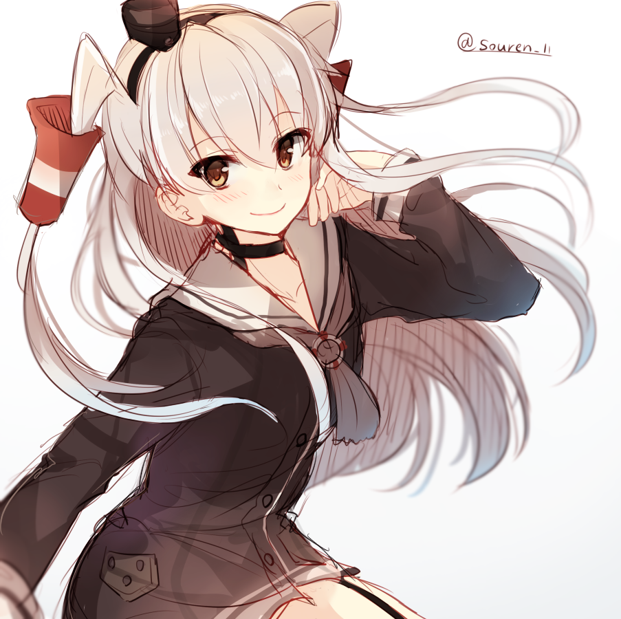 1girl amatsukaze_(kantai_collection) brown_eyes hairband hiiragisouren kantai_collection long_hair silver_hair smile twintails uniform