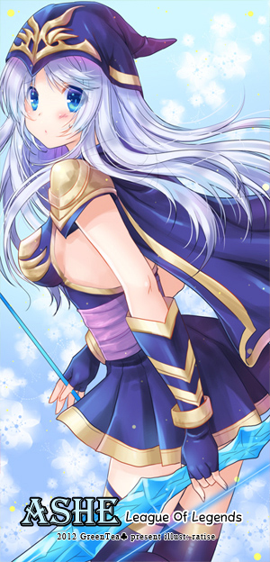 1girl ashe_(league_of_legends) blue_eyes blush bow_(weapon) breasts dress large_breasts league_of_legends ratise sideboob tagme weapon white_hair