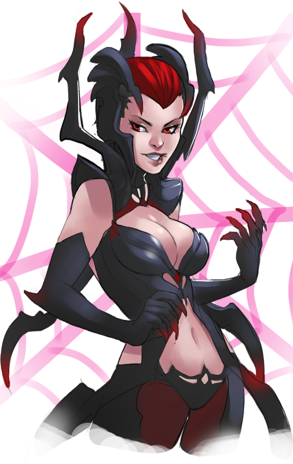 1girl black_gloves black_hair breasts cleavage cowboy_shot cropped_legs elbow_gloves elise_(league_of_legends) g138 gloves grin helmet insect_girl league_of_legends lips multicolored_hair navel red_eyes redhead short_hair shoulder_pads smile solo spider_girl two-tone_hair