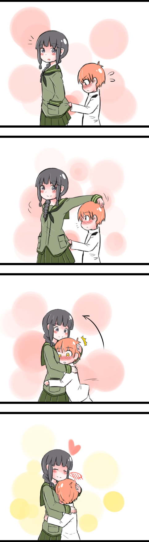 4koma black_hair blush blush_stickers braid comic full-face_blush grey_eyes hands_in_pockets heart highres hiro-nosuke hiromochi_jin hug kantai_collection kitakami_(kantai_collection) orange_hair shirt_pull shota_admiral_(kantai_collection) silent_comic skirt uniform yellow_eyes