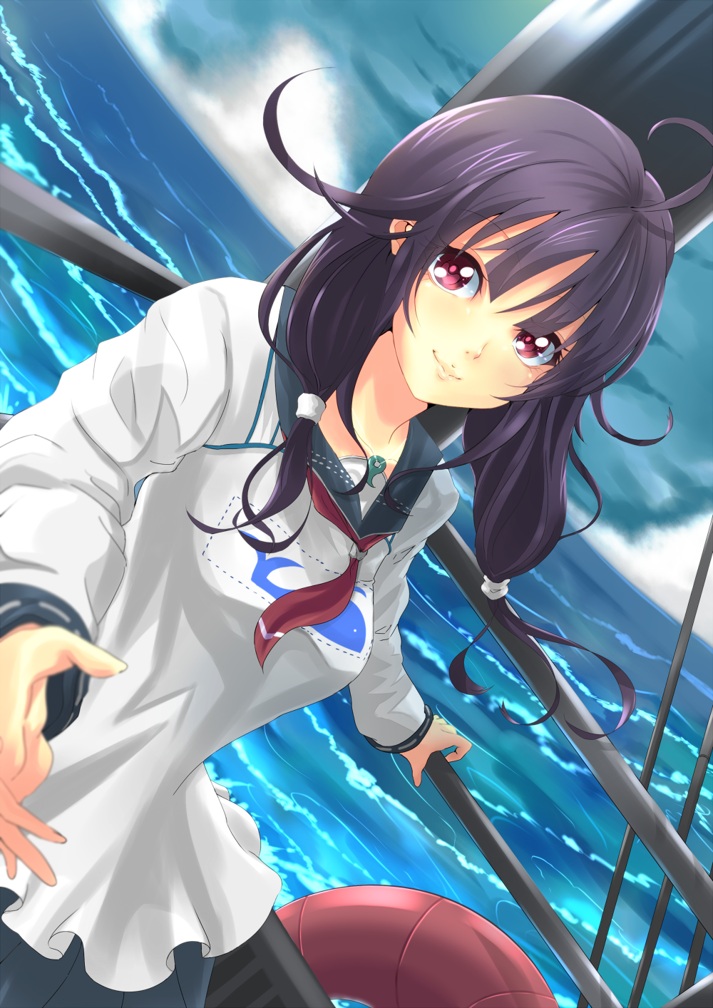 1girl ahoge dutch_angle endouvocalotyu highres kantai_collection long_hair looking_at_viewer low_twintails ocean outstretched_hand purple_hair red_eyes school_uniform serafuku skirt smile solo taigei_(kantai_collection) twintails whale