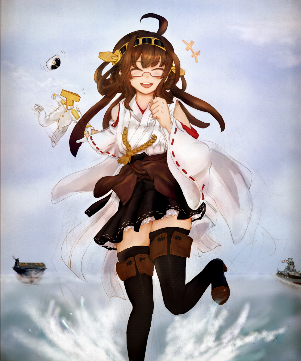 1girl admiral_(kantai_collection) ahoge brown_hair brown_legwear carrier closed_eyes clouds cloudy_sky facing_viewer hat hat_removed headgear headwear_removed kantai_collection kongou_(kantai_collection) long_hair military military_uniform nontraditional_miko ocean open_mouth outdoors peaked_cap pleated_skirt pulling ribbon-trimmed_sleeves ribbon_trim running_on_water scan skirt sky smile solo splashing t-head_admiral thigh-highs uniform warship wide_sleeves windhide