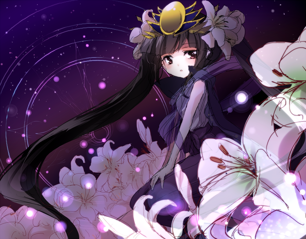 1girl absurdly_long_hair black_hair blush clock emia_(castilla) flower hair_flower hair_ornament hakama haori japanese_clothes light_particles lily_(flower) long_hair night night_sky open_mouth pink_eyes puzzle_&amp;_dragons scarf sitting sketch sky sleeveless solo star_(sky) starry_sky twintails very_long_hair yomi_(p&amp;d)