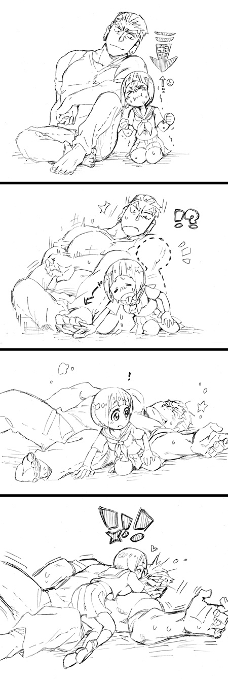 !? 1boy 1girl 4koma comic couple directional_arrow fallen_down gamagoori_ira highres kazaya kill_la_kill kiss leaning_on_person mankanshoku_mako school_uniform serafuku silent_comic sitting sketch surprised