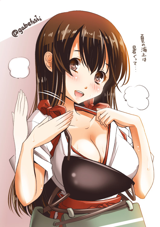 1girl akagi_(kantai_collection) blush breasts brown_eyes brown_hair bust cleavage fanning_face heavy_breathing hot japanese_clothes kantai_collection long_hair muneate open_mouth sogabe_toshinori solo sweat tasuki twitter_username