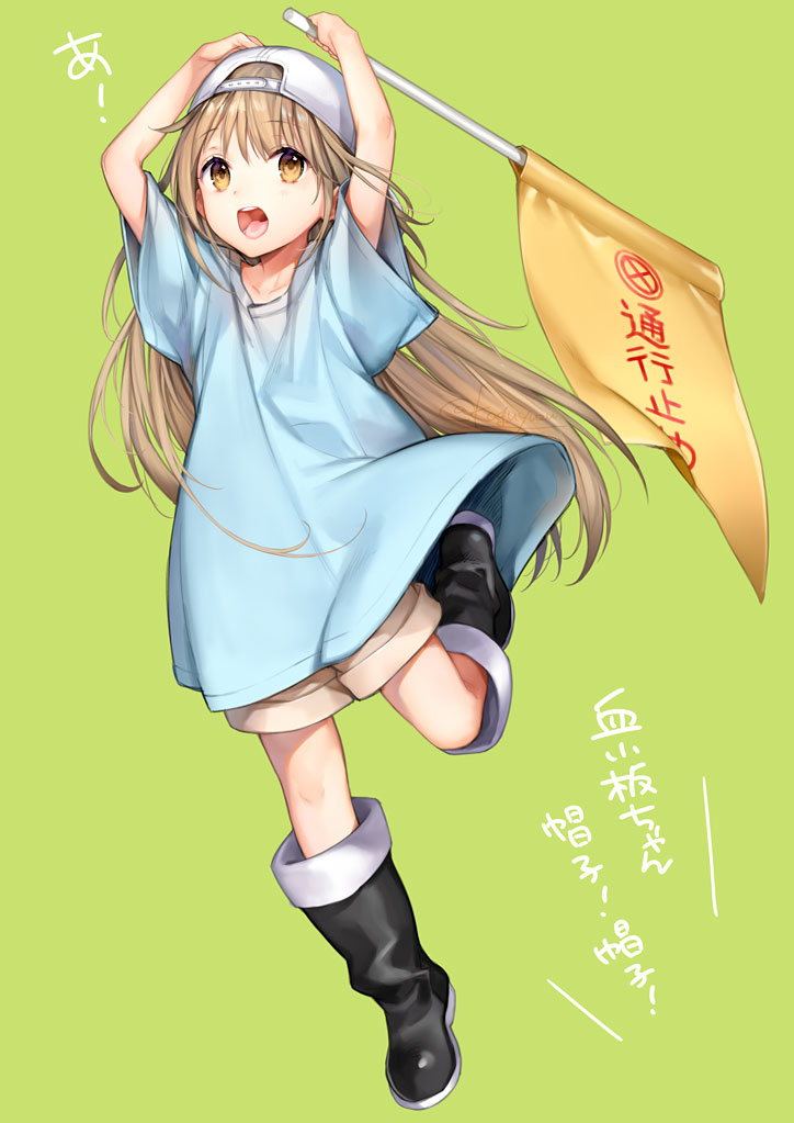 1girl arms_up bangs black_footwear blue_shirt boots brown_eyes brown_shorts commentary_request eyebrows_visible_through_hair flag full_body green_background hataraku_saibou holding holding_flag kaguyuzu knee_boots light_brown_hair long_hair open_mouth platelet_(hataraku_saibou) shirt short_shorts short_sleeves shorts solo standing standing_on_one_leg translated upper_teeth very_long_hair wide_sleeves