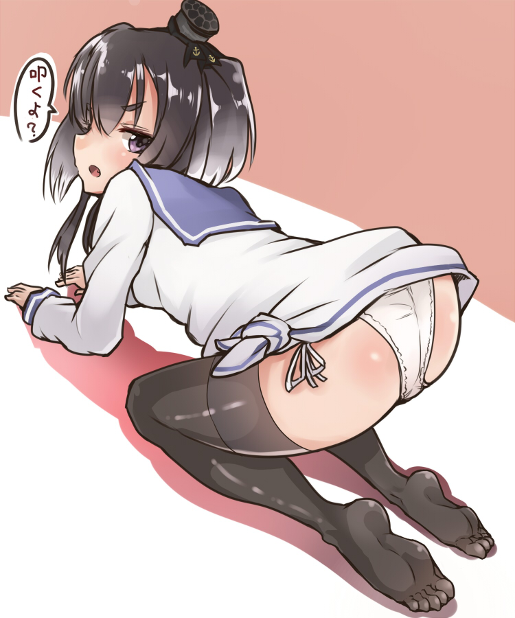 1girl all_fours batatata77 black_hair feet kantai_collection panties pantyshot school_uniform serafuku solo thigh-highs tokitsukaze_(kantai_collection) underwear violet_eyes zettai_ryouiki