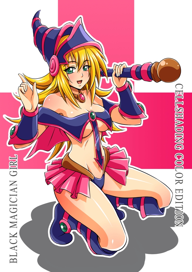 1girl amulet bare_shoulders blonde_hair boots breasts dark_magician_girl dr.zexxck duel_monster hat knee_boots long_hair revealing_clothes showgirl_skirt solo squatting staff under_boob wizard_hat yuu-gi-ou yuu-gi-ou_duel_monsters