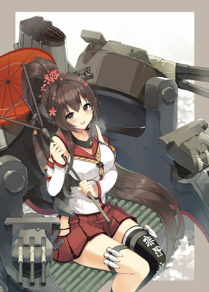 1girl blush brown_eyes brown_hair cherry_blossoms detached_sleeves flower from_above hair_flower hair_ornament headgear kantai_collection long_hair looking_at_viewer looking_up open_mouth oriental_umbrella ponytail single_thighhigh sitting skirt smile solo thigh-highs umbrella very_long_hair yamato_(kantai_collection) yuui_hutabakirage