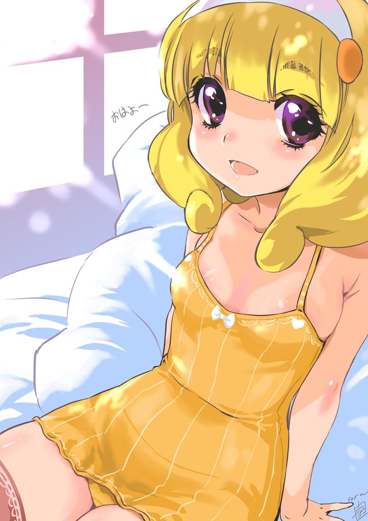 1girl blonde_hair chemise dated dress female flat_chest hairband inoue_sora kise_yayoi long_hair no_bra on_bed panties precure sitting smile_precure! solo thigh-highs underwear violet_eyes yellow_panties