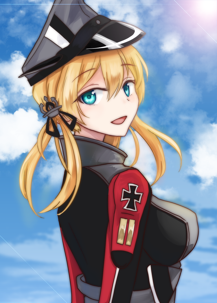 1girl :d anchor_hair_ornament arms_behind_back blonde_hair blue_eyes blue_sky blush breasts bust hat iron_cross kantai_collection lens_flare looking_at_viewer looking_back military military_hat military_uniform namida_33 open_mouth peaked_cap prinz_eugen_(kantai_collection) sky smile solo twintails uniform