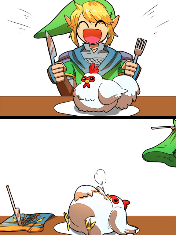 bird blonde_hair chicken cucco fork hat kamiura knife link pointy_ears scarf shoulder_pads smile the_legend_of_zelda zelda_musou