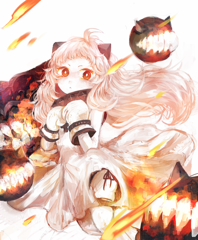 1girl ahoge dress floating_fortress_(kantai_collection) horns kantai_collection long_hair looking_at_viewer mittens northern_ocean_hime orange_eyes shinkaisei-kan simple_background sobako_(kmsm1222) trading_card white_background white_dress white_hair white_skin wind