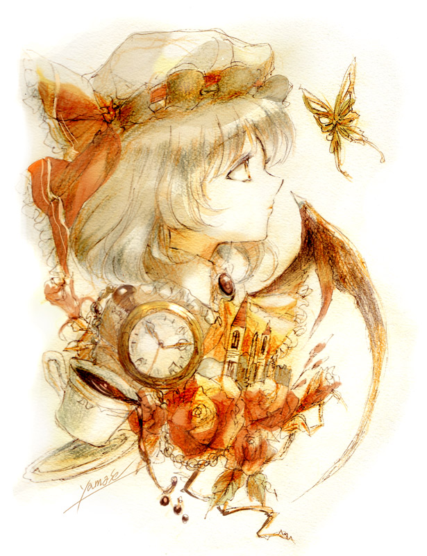 1girl ascot bat_wings bust butterfly cup eyebrows flower hat hat_ribbon keiko_(mitakarawa) lips mob_cap nose pocket_watch profile red_eyes remilia_scarlet ribbon scarlet_devil_mansion short_hair simple_background sketch solo spilling tea teacup touhou watch wings