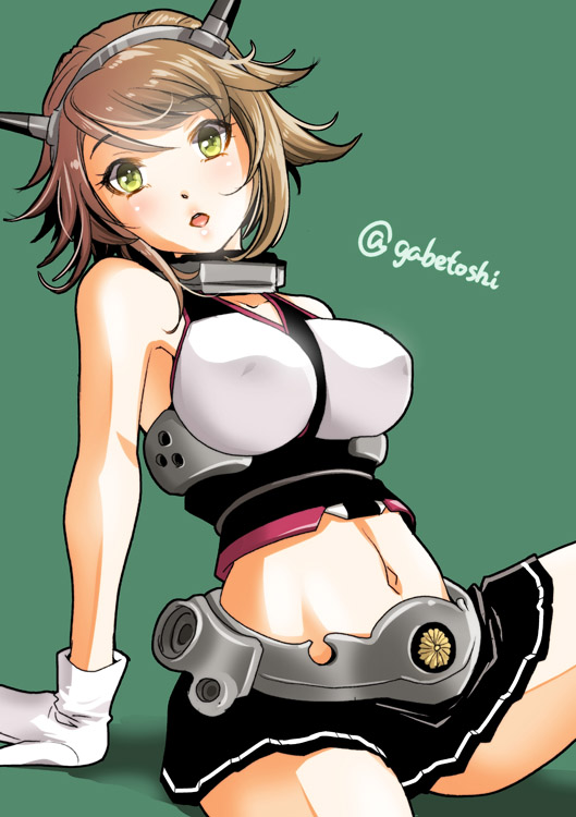 1girl arm_support bare_shoulders blush breasts brown_hair gloves green_background green_eyes kantai_collection looking_at_viewer midriff mutsu_(kantai_collection) navel open_mouth sitting skirt sogabe_toshinori solo twitter_username white_gloves