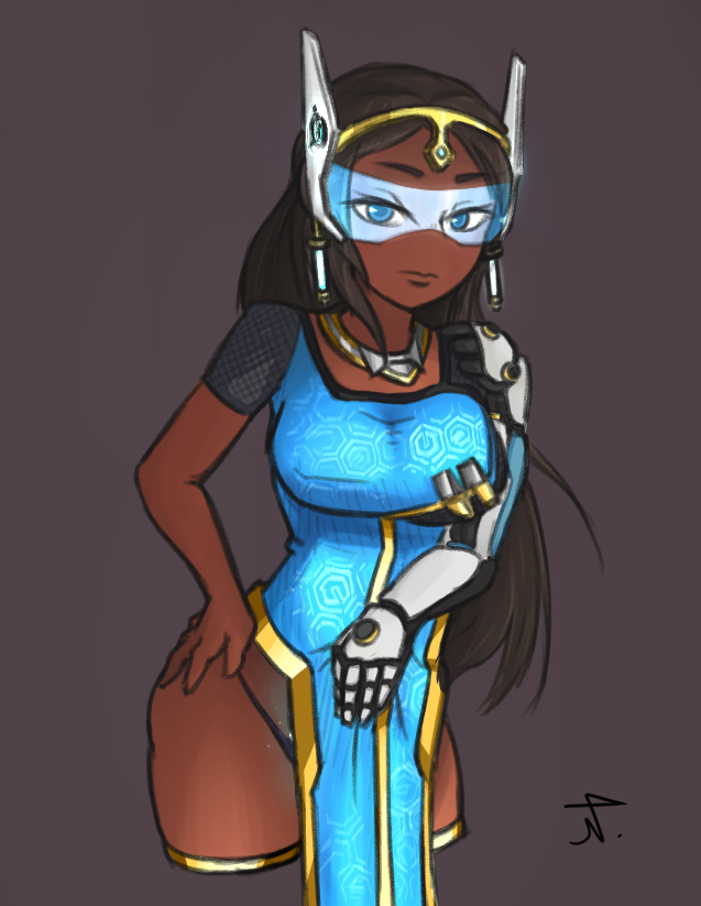 1girl black_hair blue_dress blue_eyes breasts brown_background cropped_legs dark_skin dress forehead_jewel hand_on_hip headgear large_breasts long_hair northma overwatch satya_vaswani side_slit single_elbow_glove solo symmetra_(overwatch) very_dark_skin visor