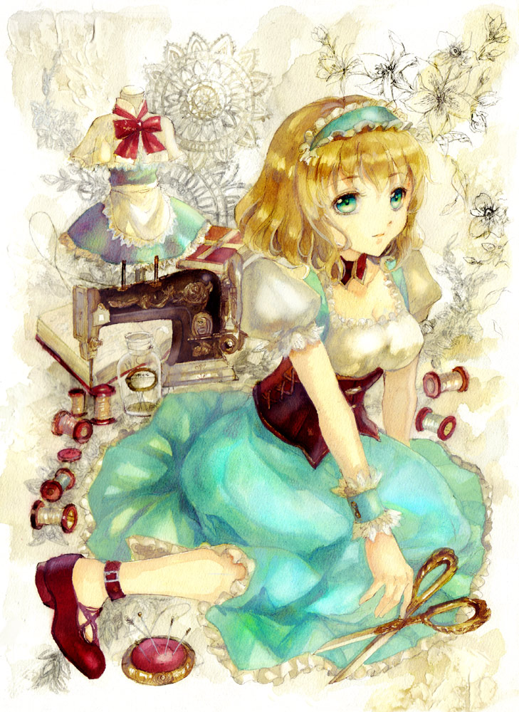 1girl alice_margatroid alice_margatroid_(pc-98) ankleband apron blonde_hair blue_dress blue_eyes book bow breasts capelet choker collarbone corset dress flower frilled_dress frilled_shirt frills hairband jar keiko_(mitakarawa) large_bow light_smile maid_apron mannequin needle open_book puffy_short_sleeves puffy_sleeves scissors sewing_machine sewing_needle short_hair short_sleeves sitting solo symbol thread touhou touhou_(pc-98) wariza wrist_cuffs