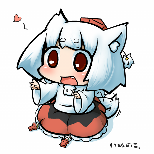 1girl :d animal_ears chibi hat inubashiri_momiji inunoko. looking_at_viewer open_mouth red_eyes short_hair simple_background sitting smile solo tail tokin_hat touhou white_background white_hair wolf_ears wolf_tail