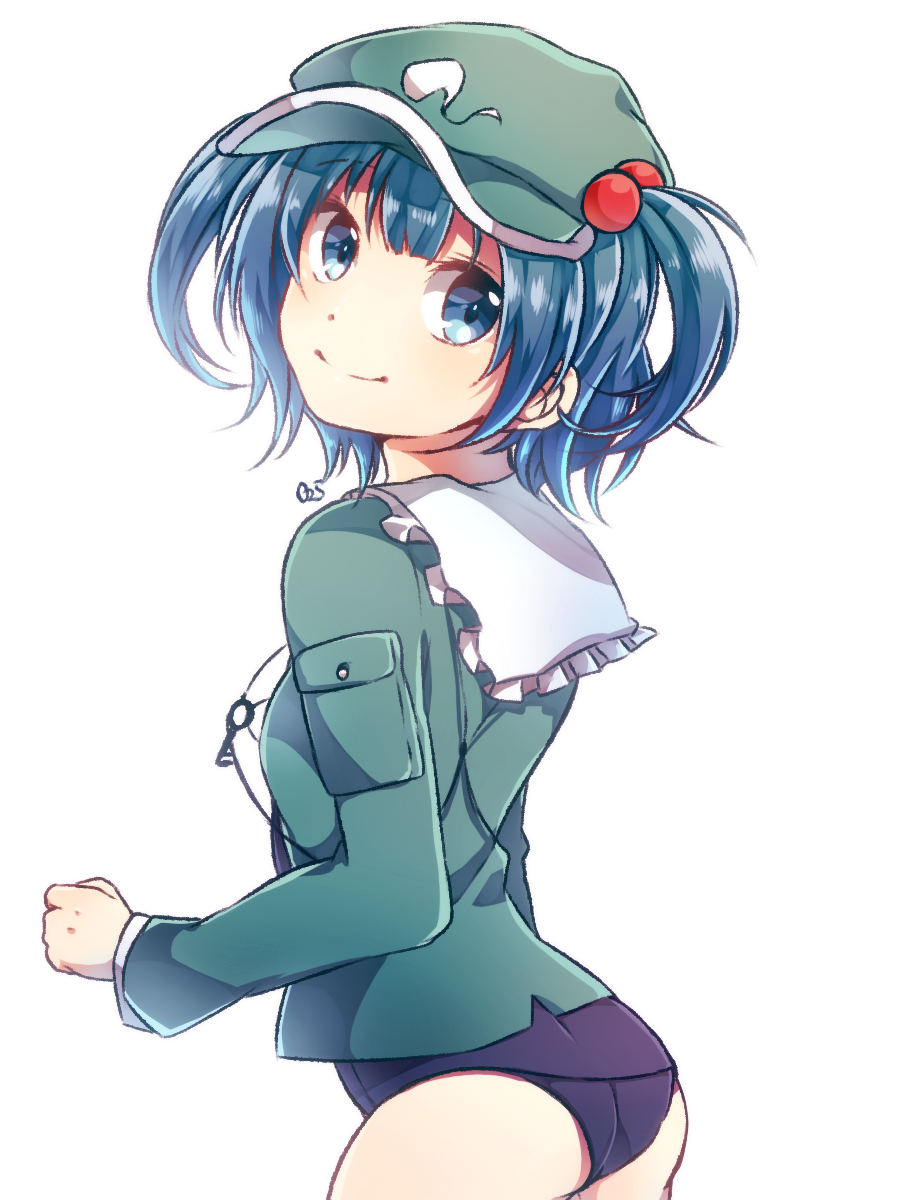1girl ass blue_eyes blue_hair cowboy_shot frilled_shirt_collar frills from_behind hair_bobbles hair_ornament hat highres kawashiro_nitori key long_sleeves looking_at_viewer looking_back pocket shirt short_hair simple_background smile solo swimsuit swimsuit_under_clothes touhou twintails white_background