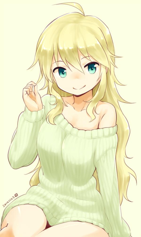 1girl ahoge aqua_eyes blonde_hair collarbone dated hoshii_miki idolmaster long_hair looking_at_viewer nagian off_shoulder ribbed_sweater signature sitting smile solo sweater