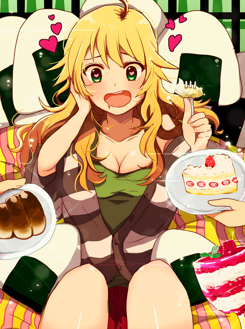 1girl ahoge blonde_hair blush breasts cake chocolate_cornet cleavage drooling food green_eyes hand_on_own_face heart heart-shaped_pupils highres hoshii_miki idolmaster long_hair mmyk81 onigiri open_mouth sitting solo sparkle symbol-shaped_pupils