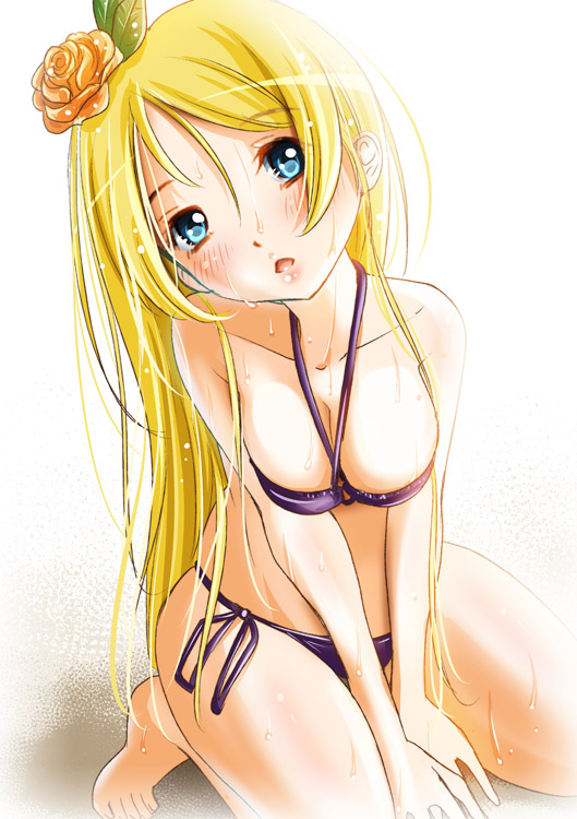 1girl ayase_eli bare_shoulders bikini blonde_hair blue_eyes blush breast_squeeze breasts collarbone flower hair_down hair_flower hair_ornament long_hair looking_at_viewer love_live!_school_idol_project o-ring_bikini o-ring_top purple_bikini side-tie_bikini sitting sogabe_toshinori solo swimsuit v_arms very_long_hair wariza wet