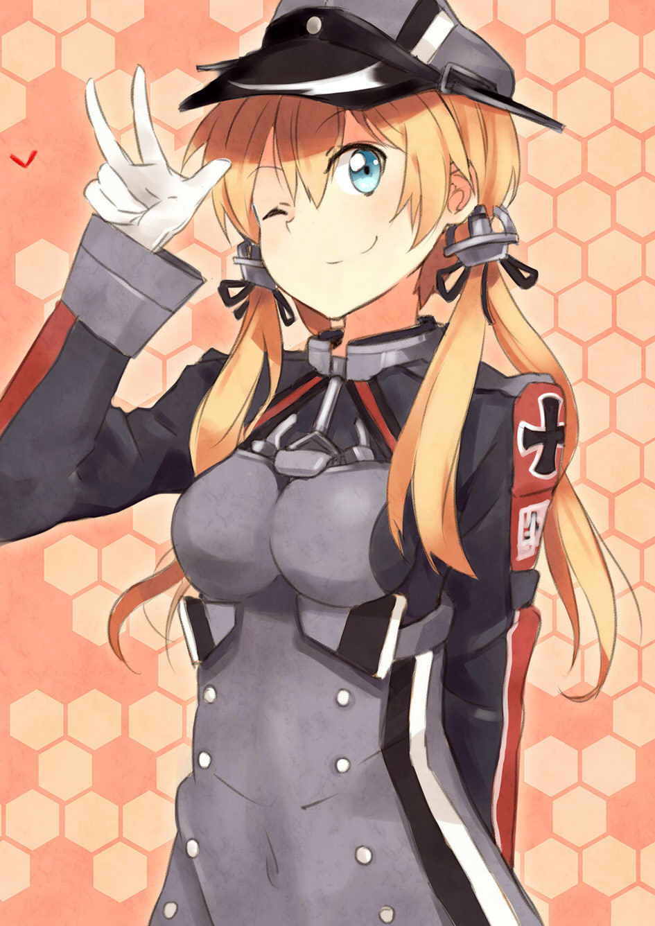 1girl anchor anchor_hair_ornament arm_behind_back blonde_hair blue_eyes bust gloves hat highres honeycomb_background iron_cross kantai_collection long_sleeves looking_at_viewer military military_hat military_uniform one_eye_closed peaked_cap prinz_eugen_(kantai_collection) smile solo tomato_(lsj44867) uniform w white_gloves