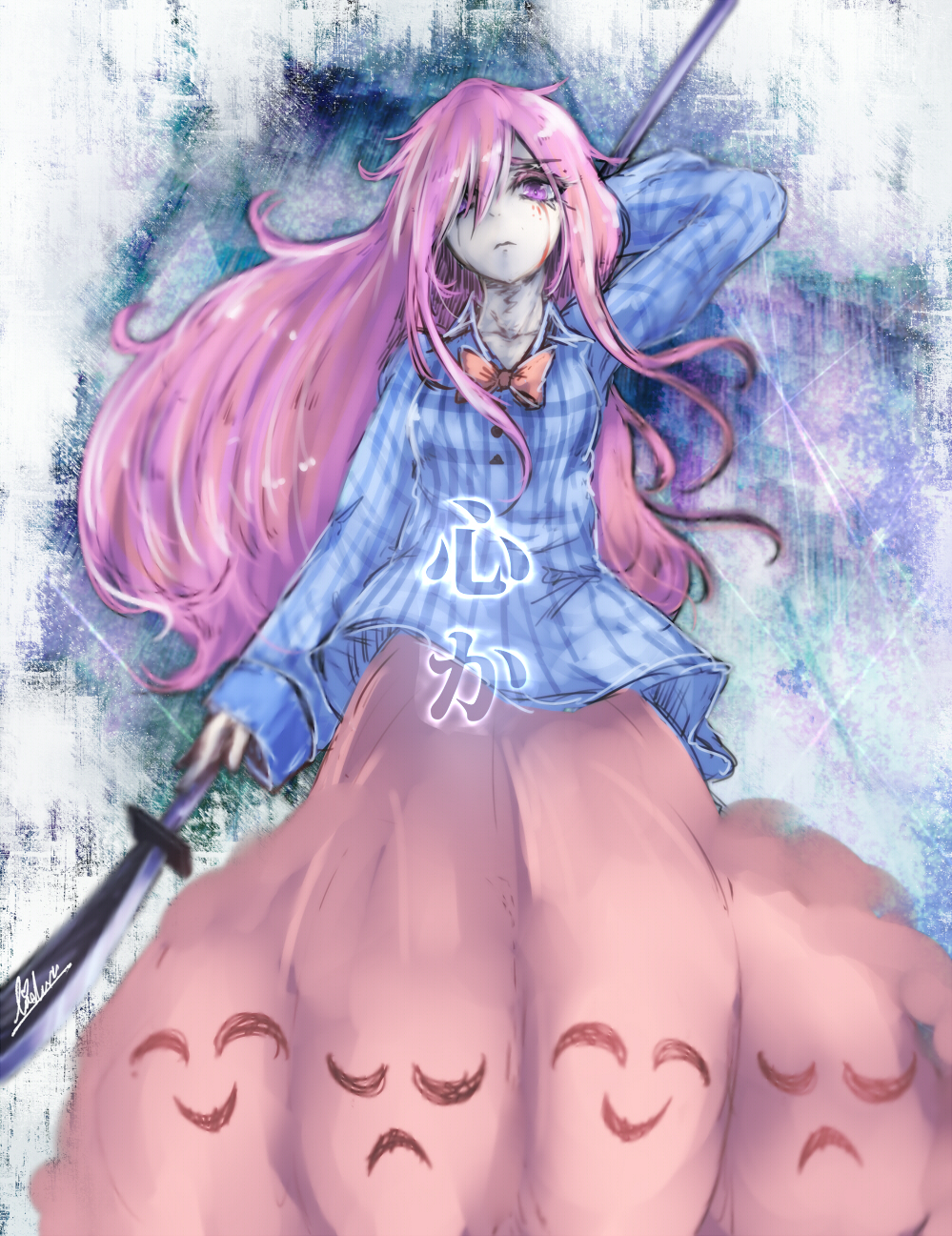 1girl blood bow bubble_skirt hata_no_kokoro highres long_hair long_skirt long_sleeves naginata pink_eyes pink_hair plaid plaid_shirt polearm shirt skirt solo touhou very_long_hair weapon yuxyon