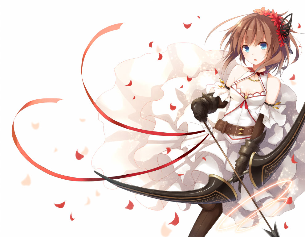 1girl blue_eyes bow_(weapon) breasts brown_hair cleavage dress gauntlets hair_ornament holding long_hair looking_at_viewer original petals solo weapon white_dress wind yon_(letter)