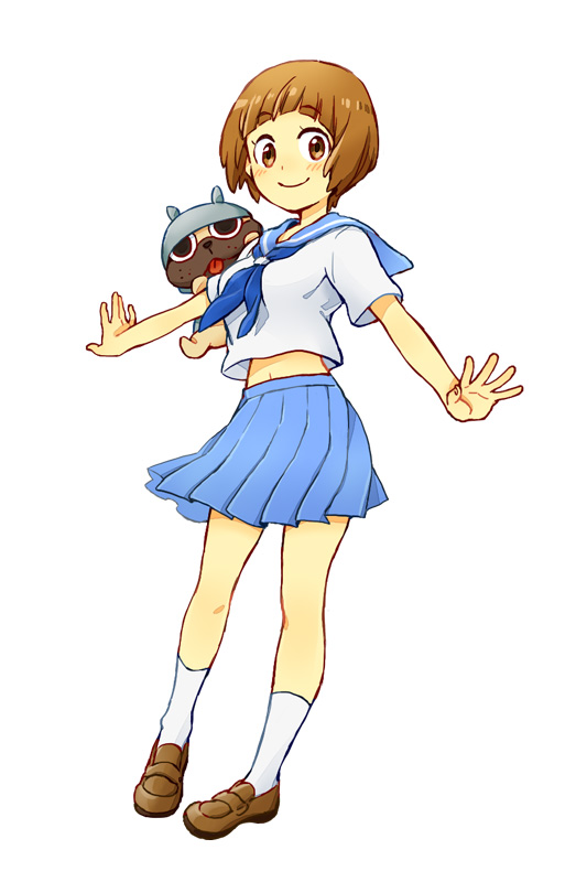 1girl blue_skirt bob_cut brown_eyes brown_hair dog guts_(kill_la_kill) kazaya kill_la_kill loafers mankanshoku_mako school_uniform serafuku shoes short_hair skirt smile white_background