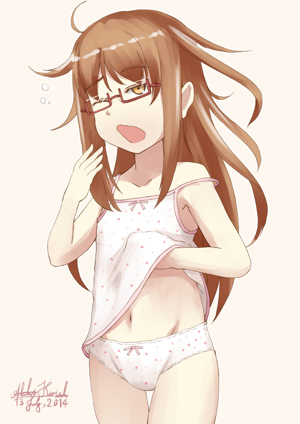 1girl brown_eyes brown_hair camisole cowboy_shot dated glasses kantai_collection kirisaki_akihito long_hair mochizuki_(kantai_collection) navel one_eye_closed open_mouth panties polka_dot polka_dot_panties red-framed_glasses semi-rimless_glasses signature sleepy solo strap_slip thigh_gap under-rim_glasses underwear wavy_mouth yawning