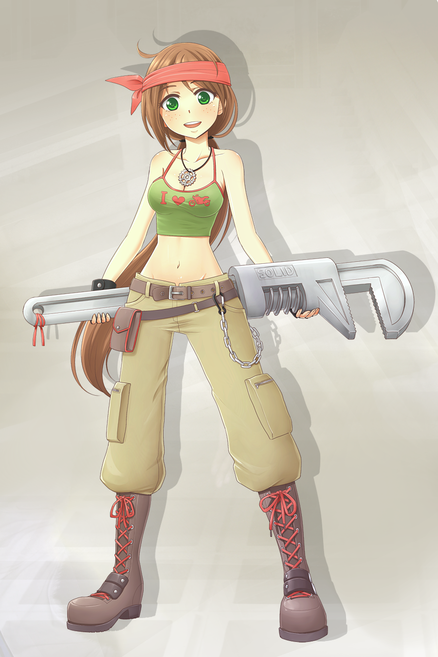 1girl belt boots breasts brown_hair chain cleavage clothes_writing cross-laced_footwear fingerless_gloves freckles gears gloves green_eyes headband highres knapsack long_hair low_ponytail midriff mound_of_venus navel original oversized_object pants ponytail purdoy25 solo tank_top very_long_hair wrench