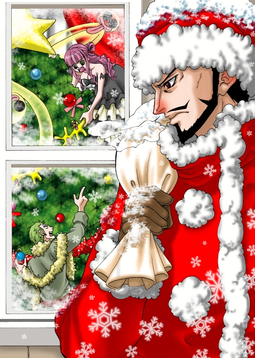 1girl 2boys bag bare_shoulders beard breasts chikaburo christmas christmas_tree cleavage cold decorations dracule_mihawk drill_hair facial_hair floating fur_trim ghost gloves green_eyes green_hair hat long_hair long_sleeves multiple_boys one_piece payot perona pointing purple_hair red_eyes roronoa_zoro sack santa_costume santa_hat short_hair sleeveless snow snowflakes star tattoo window