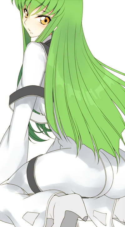 1girl ass bodysuit c.c. code_geass creayus from_behind green_hair kneeling looking_at_viewer solo white_background yellow_eyes