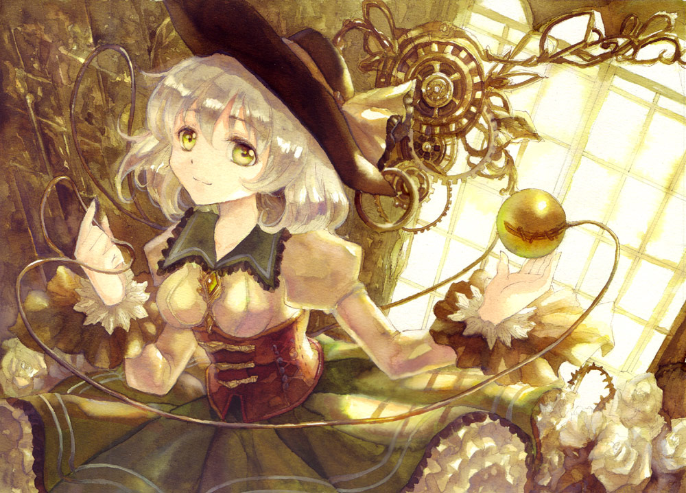 1girl backlighting collarbone corset diamond_(shape) floating flower frilled_shirt frilled_skirt frills gears gradient_eyes green_eyes hat hat_ribbon impossible_clothes impossible_shirt keiko_(mitakarawa) komeiji_koishi light_rays long_sleeves looking_at_viewer multicolored_eyes open_hand puffy_long_sleeves puffy_sleeves ribbon rose shadow shiny shiny_hair short_hair silver_hair skirt small_breasts smile solo steampunk steampunk_(liarsoft) sunlight third_eye thorns touhou wall white_rose window yellow_eyes