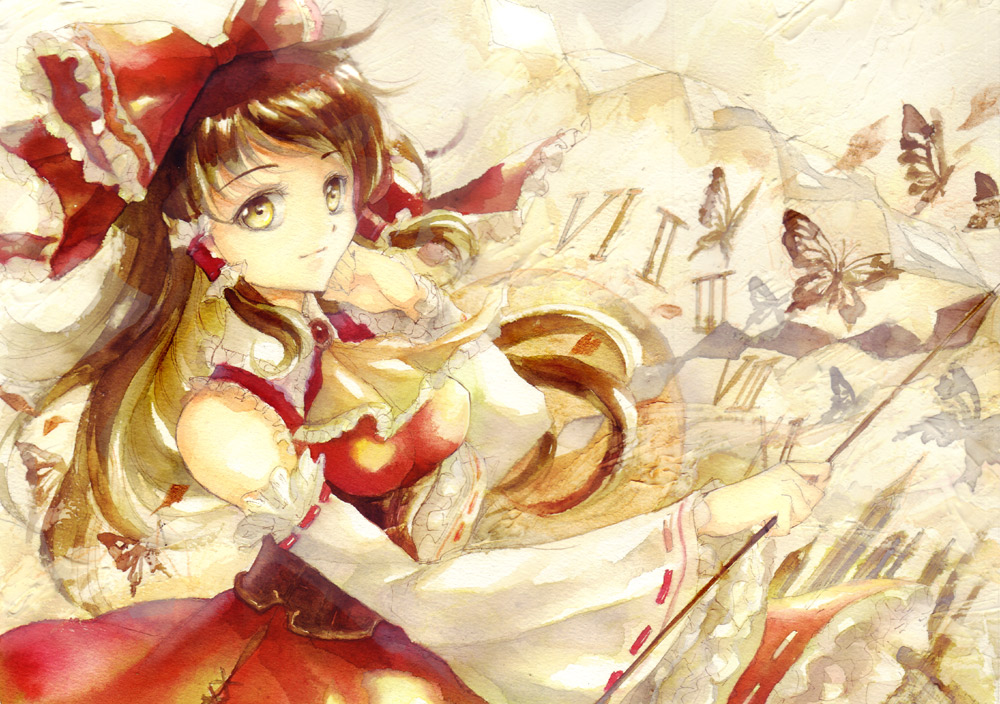 1girl ascot bow breasts brooch brown_eyes brown_hair butterfly detached_sleeves frilled_skirt frilled_sleeves frills gohei hair_bow hair_tubes hakurei_reimu hand_on_own_cheek jewelry keiko_(mitakarawa) long_hair nontraditional_miko ribbon_trim roman_numerals skirt smile solo touhou