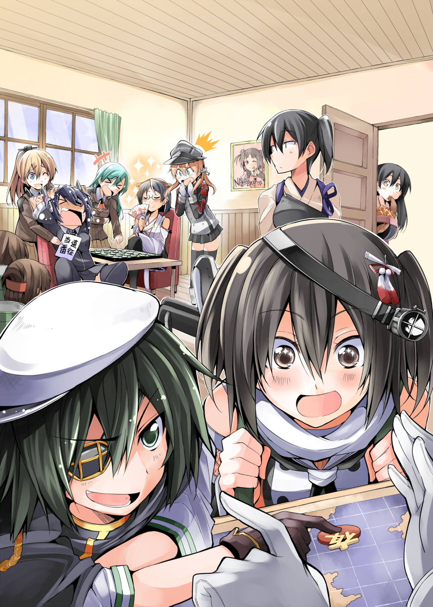 &gt;:d &gt;_&lt; +++ /\/\/\ 6+girls :d ;d ;p ^_^ admiral_(kantai_collection) akagi_(kantai_collection) anchor_hair_ornament ascot bibi black_eyes black_hair black_legwear blonde_hair blue_eyes blush brown_eyes brown_gloves brown_hair cape closed_eyes crossed_arms detached_sleeves double_bun eating eyepatch glasses gloves hair_ornament hairband hakama hat highres ikazuchi_(kantai_collection) inazuma_(kantai_collection) japanese_clothes kaga_(kantai_collection) kantai_collection kirishima_(kantai_collection) kiso_(kantai_collection) kumano_(kantai_collection) long_hair map multiple_girls muneate naka_(kantai_collection) nontraditional_miko one_eye_closed open_mouth out_of_frame peaked_cap peeking_out photo_(object) pleated_skirt ponytail prinz_eugen_(kantai_collection) purple_hair scarf school_uniform sendai_(kantai_collection) serafuku short_hair skirt smile sparkle suzuya_(kantai_collection) tasuki tenryuu_(kantai_collection) thigh-highs tongue tongue_out twintails two_side_up white_gloves xd zettai_ryouiki