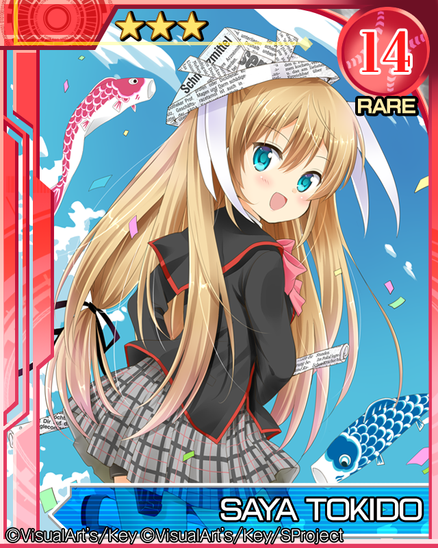 1girl blonde_hair blue_eyes carp hat kodomo_no_hi koinobori little_busters!! long_hair paper_kabuto school_uniform tokido_saya twintails yoshikita_popuri