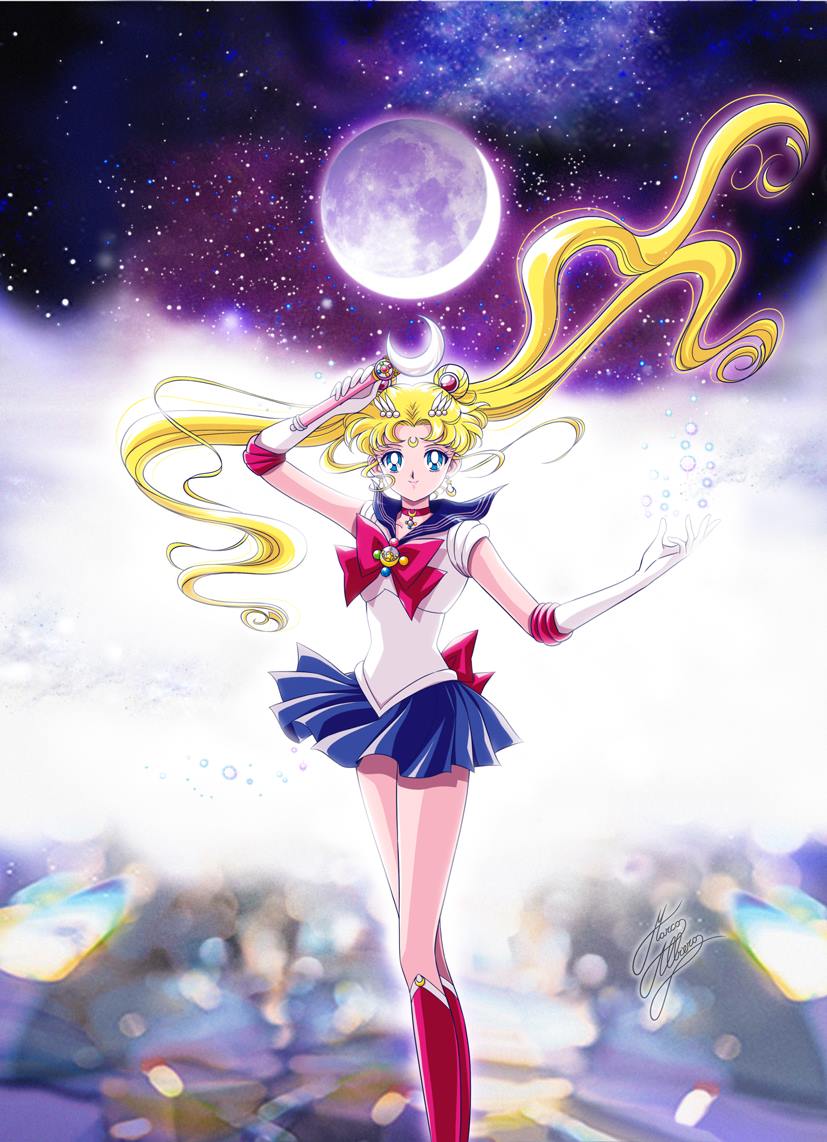 1girl anime_coloring artist_name bangs bishoujo_senshi_sailor_moon bishoujo_senshi_sailor_moon_crystal blonde_hair blue_eyes blue_skirt boots bow brooch choker crescent_moon derivative_work double_bun earrings elbow_gloves facial_mark floating_hair forehead_mark gloves hair_ornament hairclip jewelry knee_boots marco_albiero moon moon_stick official_style parted_bangs pleated_skirt red_boots red_bow sailor_collar signature skirt solo tsukino_usagi white_gloves wind