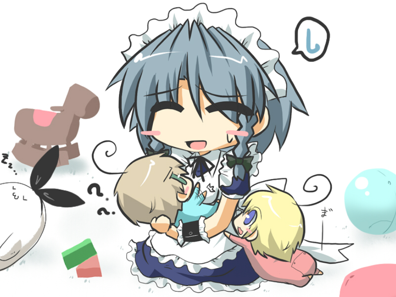 1boy 2girls :d ? ^_^ ahoge animalization baby blonde_hair blue_eyes blush_stickers bow braid brown_hair carrying closed_eyes commentary_request crossover gomasamune green_eyes hair_bow hair_ribbon izayoi_sakuya kantai_collection multiple_girls open_mouth original ribbon shimakaze_(kantai_collection) shimakaze_(seal) silver_hair sitting sleeping smile sweatdrop touhou translation_request twin_braids zzz