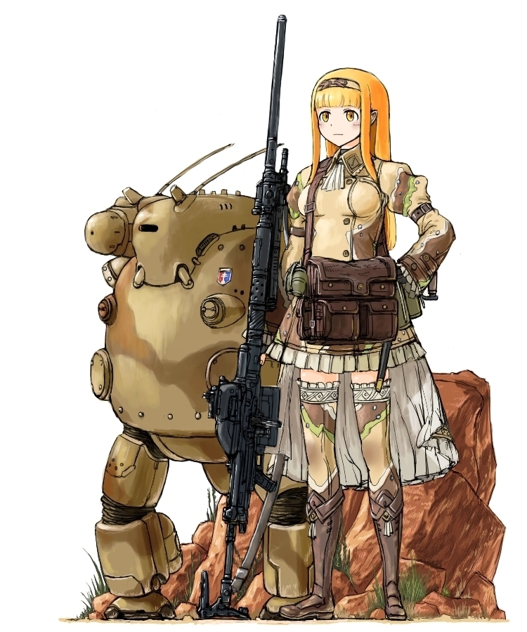 1girl bag belt blonde_hair blush boots brown_boots camouflage coh cravat explosive france frilled_skirt frilled_sleeves frills full_body grenade gun hairband long_hair long_sleeves mars_expedition military military_uniform puffy_long_sleeves puffy_sleeves ribbon robot rock simple_background skirt solo standing thigh-highs uniform weapon weapon_request white_background yellow_eyes zettai_ryouiki