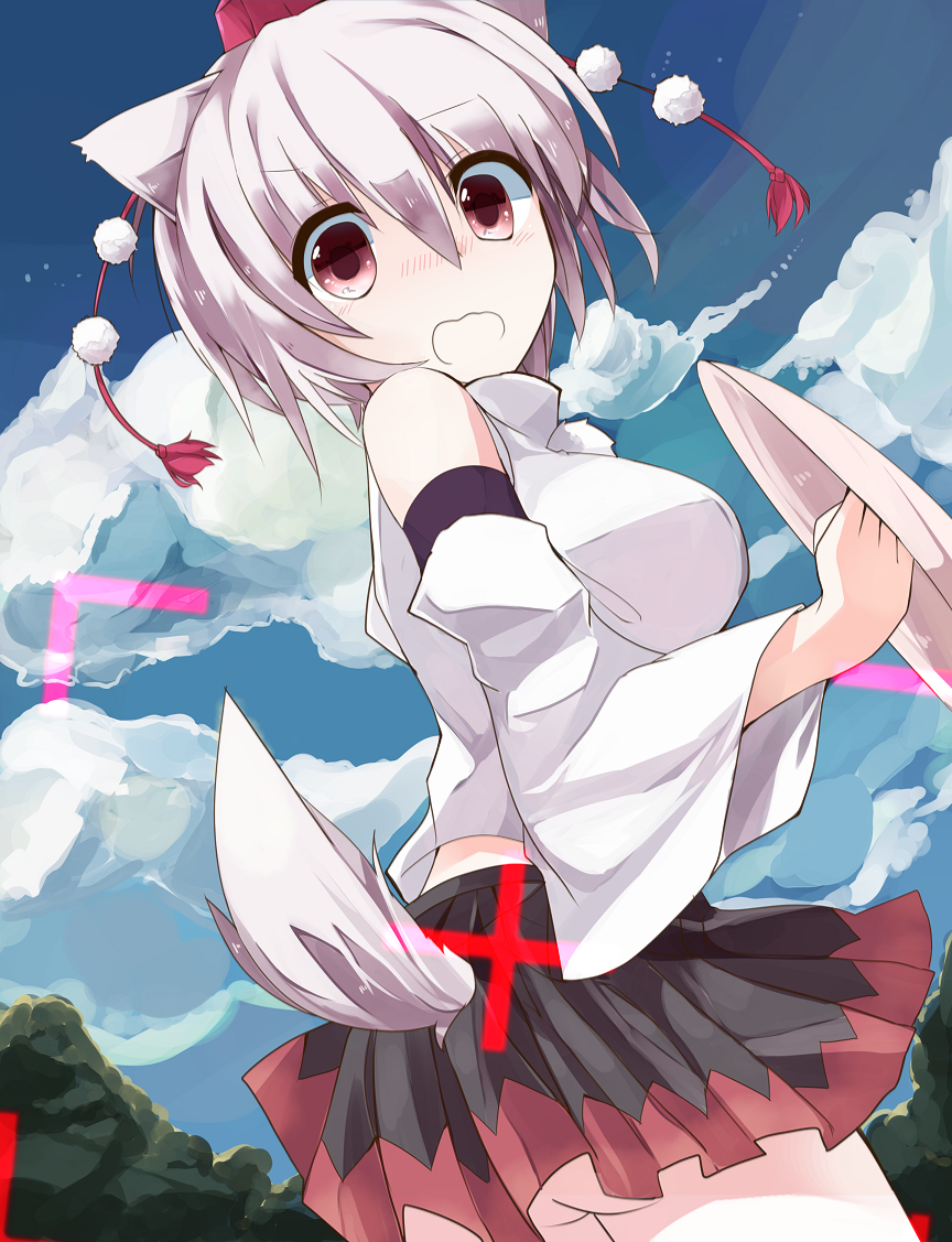 1girl animal_ears ass blush breasts camera d: from_behind hat inubashiri_momiji large_breasts microskirt no_panties open_mouth pom_pom_(clothes) red_eyes reticule sakaki_(utigi) shield short_hair silver_hair skirt solo tail tokin_hat touhou wolf_ears wolf_tail