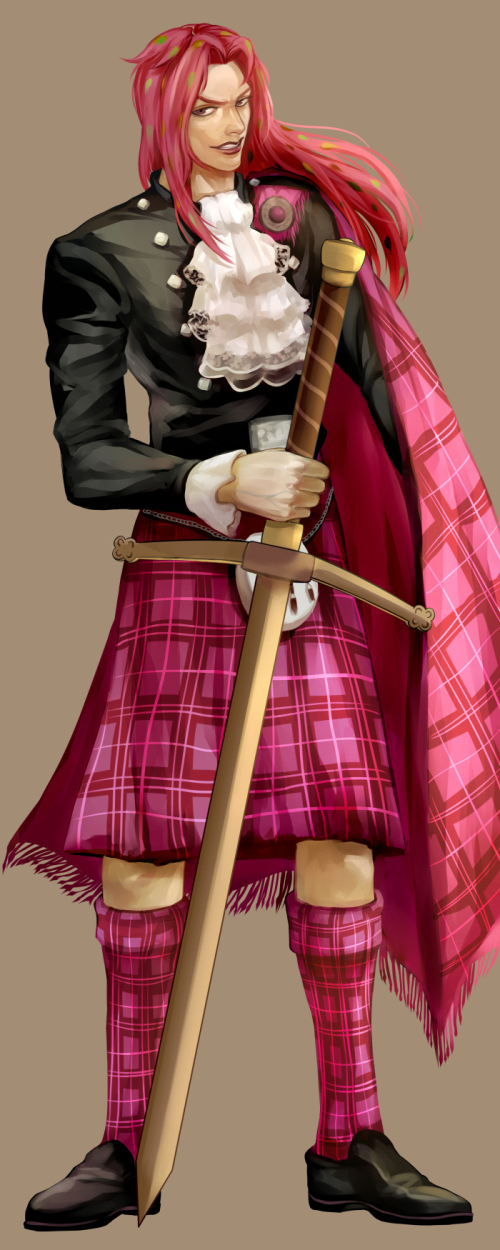 1boy claymore_(sword) diavolo highres jojo_no_kimyou_na_bouken kilt kilva_lollop long_hair pink_hair plaid planted_sword planted_weapon solo sword weapon