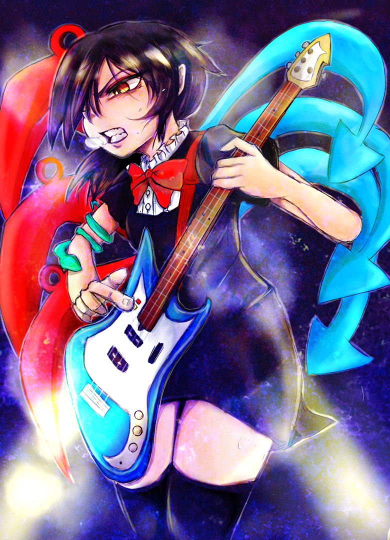 1girl artist_request asymmetrical_wings bass_guitar black_dress black_hair clenched_teeth dress houjuu_nue instrument red_eyes snake thigh-highs touhou wings zettai_ryouiki