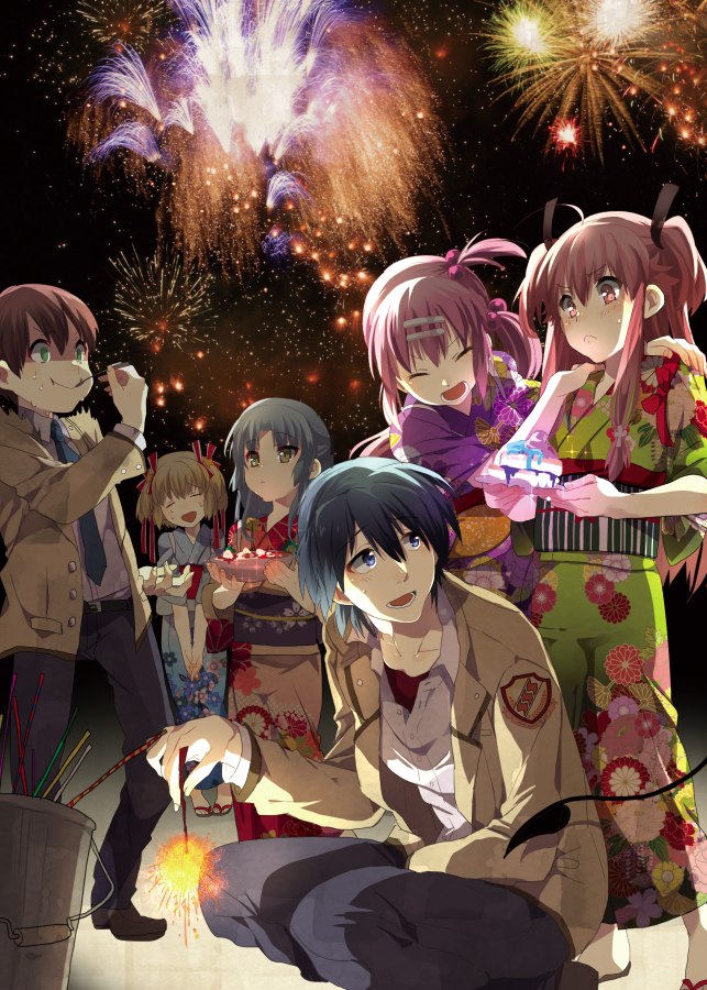 4girls angel_beats! cake character_request company_connection crossover fireworks food hinata_(angel_beats!) japanese_clothes kamikita_komari key_(company) kimono little_busters!! multiple_girls ooyama_(angel_beats!) saigusa_haruka sparkler takumi_(scya) yui_(angel_beats!) yukata