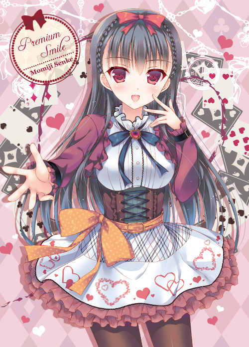 1girl :d black_hair bow cover cover_page english hair_bow hair_ribbon long_hair looking_at_viewer mitsu_king open_mouth original reaching red_eyes ribbon smile solo