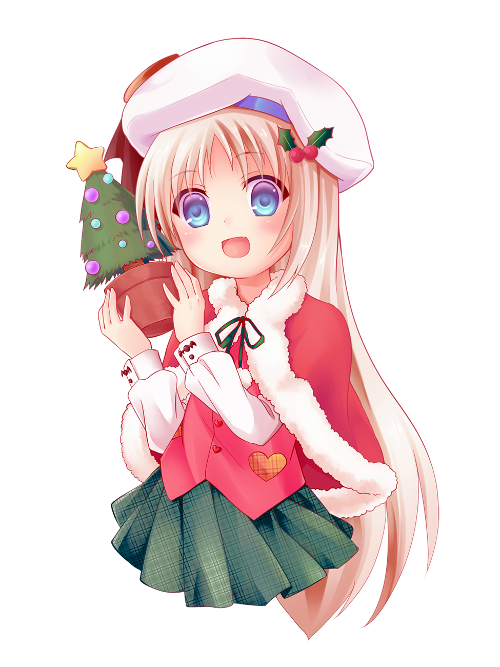 1girl blonde_hair blue_eyes christmas_tree fang hat highres little_busters!! long_hair mamakari noumi_kudryavka pot shawl