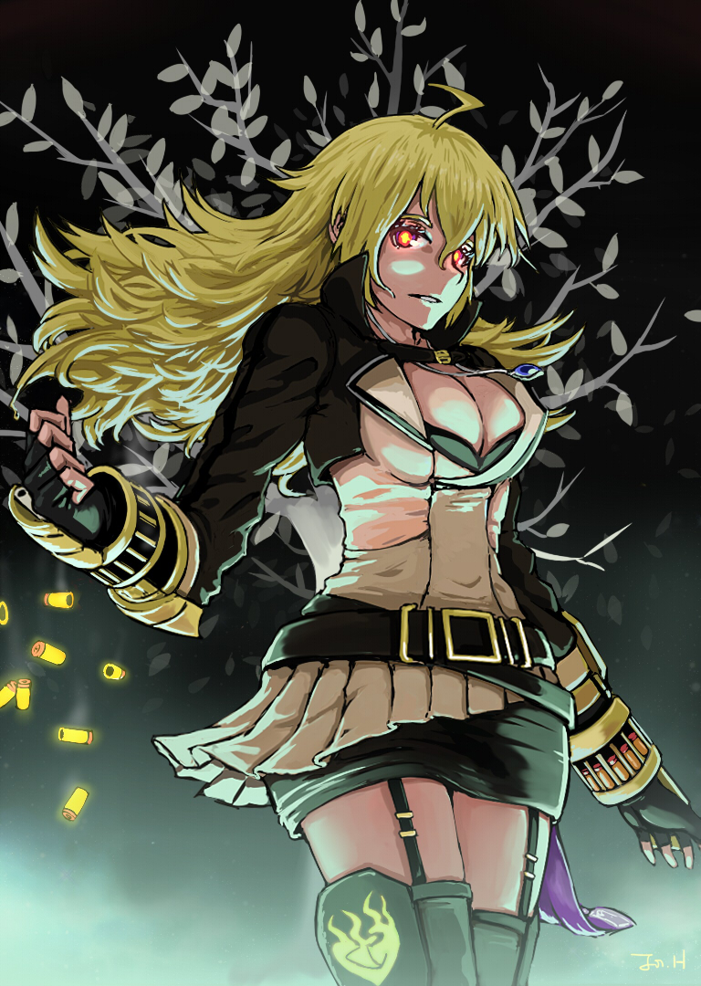 1girl ahoge asymmetrical_clothes blonde_hair boots breasts bullet_casing cleavage garter_straps gauntlets glowing glowing_eyes jewelry jonathan_h long_hair necklace pleated_skirt red_eyes rwby skirt solo thigh-highs thigh_boots yang_xiao_long